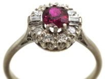 Art Deco 18ct White Gold & Platinum, Ruby & Diamond Cluster Ring