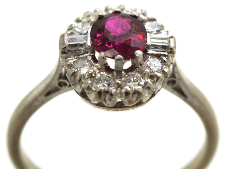 Art Deco 18ct White Gold & Platinum, Ruby & Diamond Cluster Ring