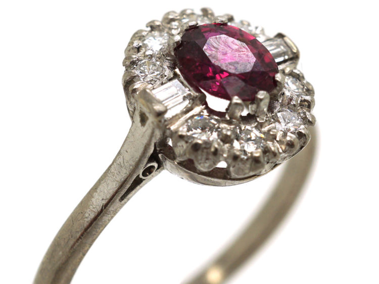 Art Deco 18ct White Gold & Platinum, Ruby & Diamond Cluster Ring