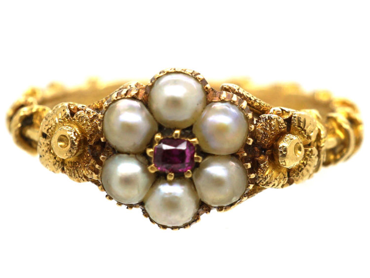 Regency 15ct Gold , Natural Split Pearl & Ruby Cluster Ring