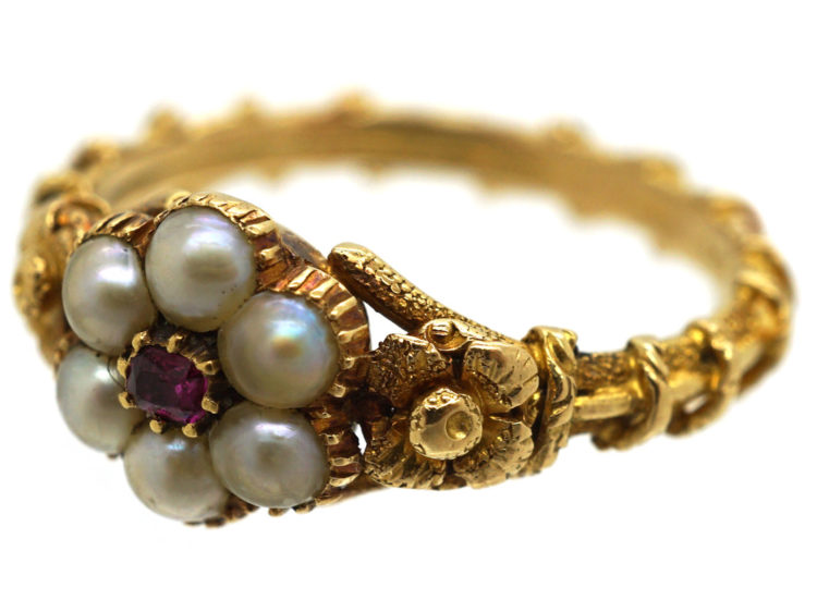 Regency 15ct Gold , Natural Split Pearl & Ruby Cluster Ring