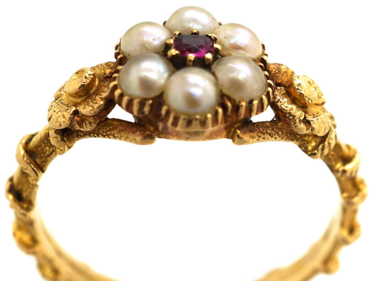 Regency 15ct Gold , Natural Split Pearl & Ruby Cluster Ring