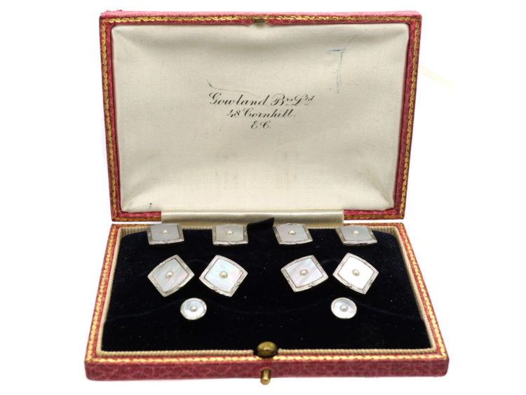 Art Deco 18ct Gold, Platinum, Mother of Pearl & Natural Split Pearl Dress Set