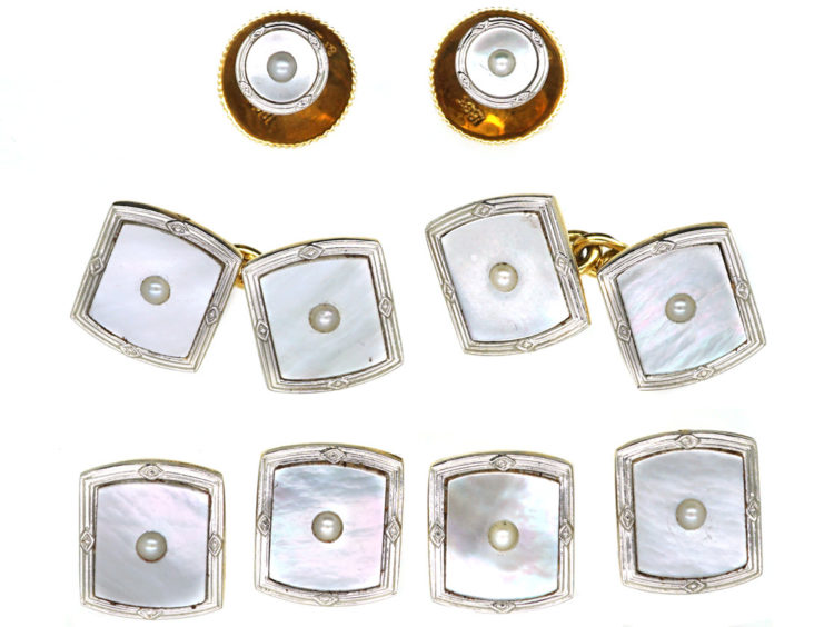 Art Deco 18ct Gold, Platinum, Mother of Pearl & Natural Split Pearl Dress Set