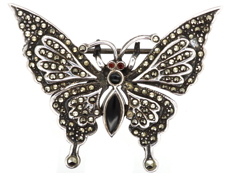 Silver, Marcasite & Onyx Butterfly Brooch