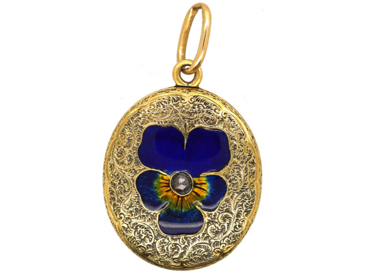 Victorian 15ct Gold Oval Locket With Enamel & Rose Diamond Pansy Motif