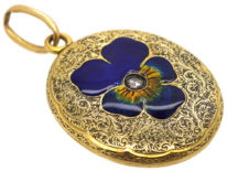 Victorian 15ct Gold Oval Locket With Enamel & Rose Diamond Pansy Motif