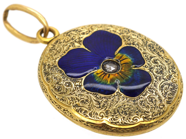 Victorian 15ct Gold Oval Locket With Enamel & Rose Diamond Pansy Motif