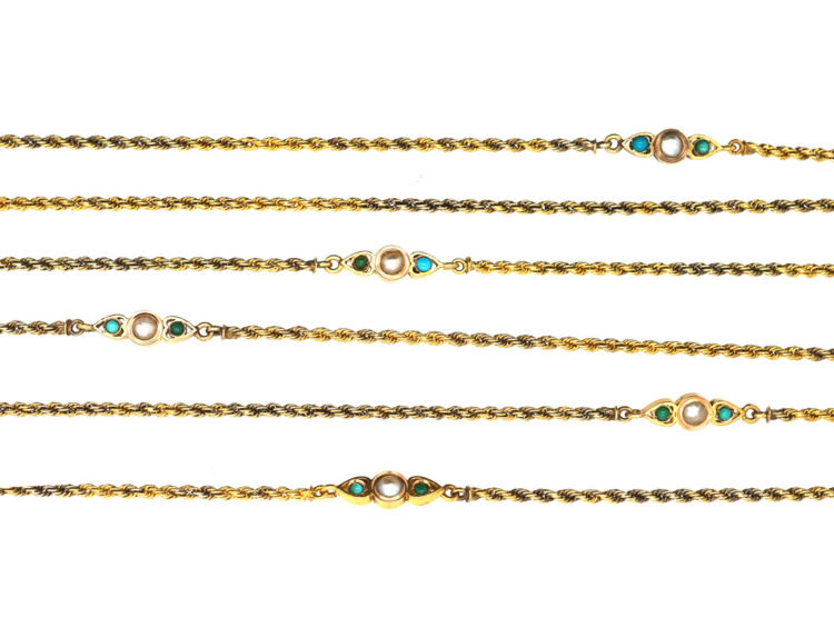 Edwardian 15ct Gold Long Guard Chain set with Natural Split Pearls & Turquoise