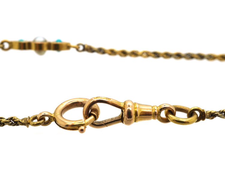Edwardian 15ct Gold Long Guard Chain set with Natural Split Pearls & Turquoise