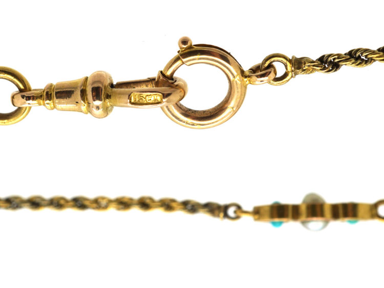 Edwardian 15ct Gold Long Guard Chain set with Natural Split Pearls & Turquoise