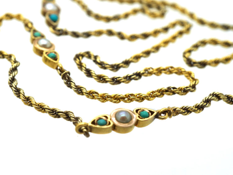 Edwardian 15ct Gold Long Guard Chain set with Natural Split Pearls & Turquoise