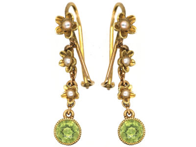 Edwardian 15ct Gold, Peridot & Natural Split Pearl Drop Earrings