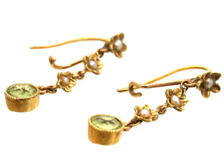 Edwardian 15ct Gold, Peridot & Natural Split Pearl Drop Earrings