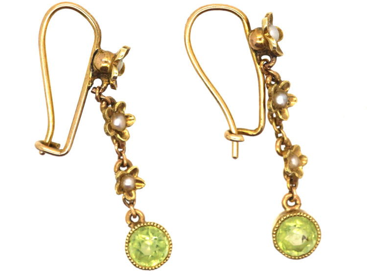 Edwardian 15ct Gold, Peridot & Natural Split Pearl Drop Earrings