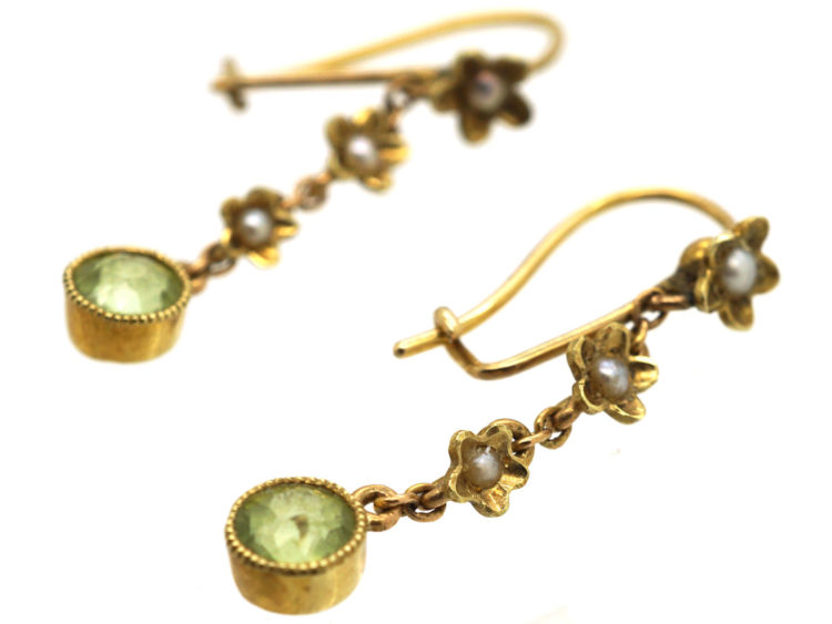 Edwardian 15ct Gold, Peridot & Natural Split Pearl Drop Earrings