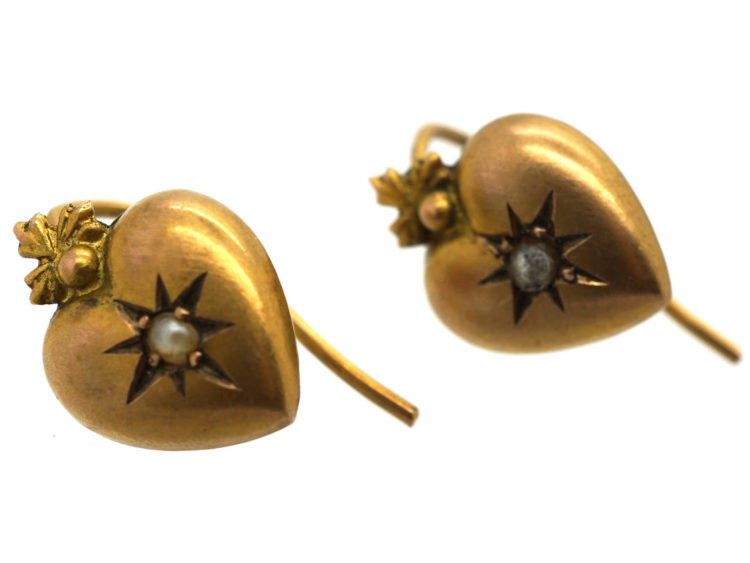 Edwardian 9ct Gold Heart Shaped Earrings set with a Pearl