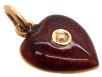 Edwardian 9ct Gold, Red Enamel & Pearl Heart Shaped Pendant