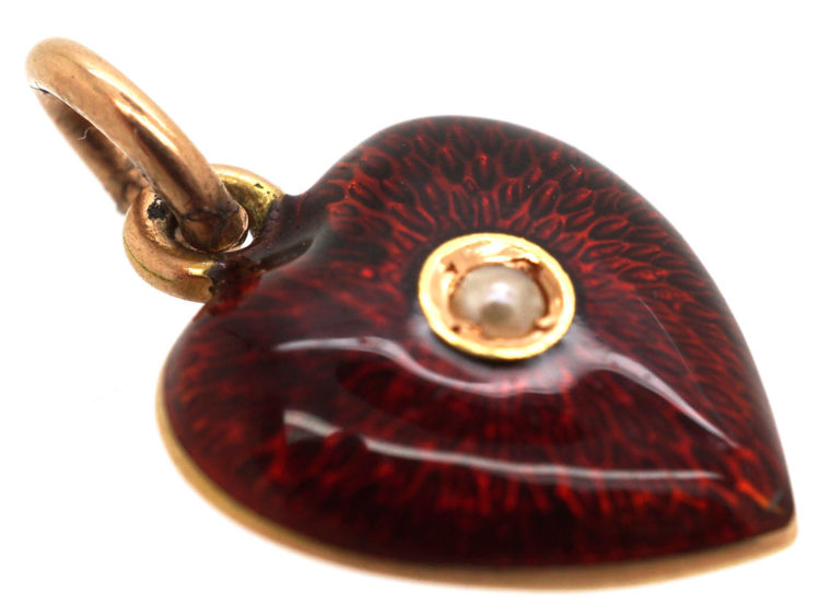 Edwardian 9ct Gold, Red Enamel & Pearl Heart Shaped Pendant