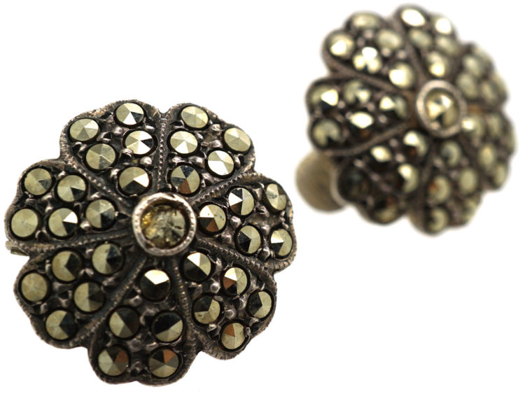 Silver & Marcasite Clip-On Flower Earrings
