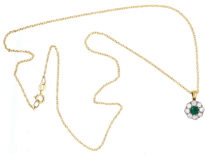 18ct Gold, Emerald & Diamond Cluster Pendant on 18ct Gold Chain