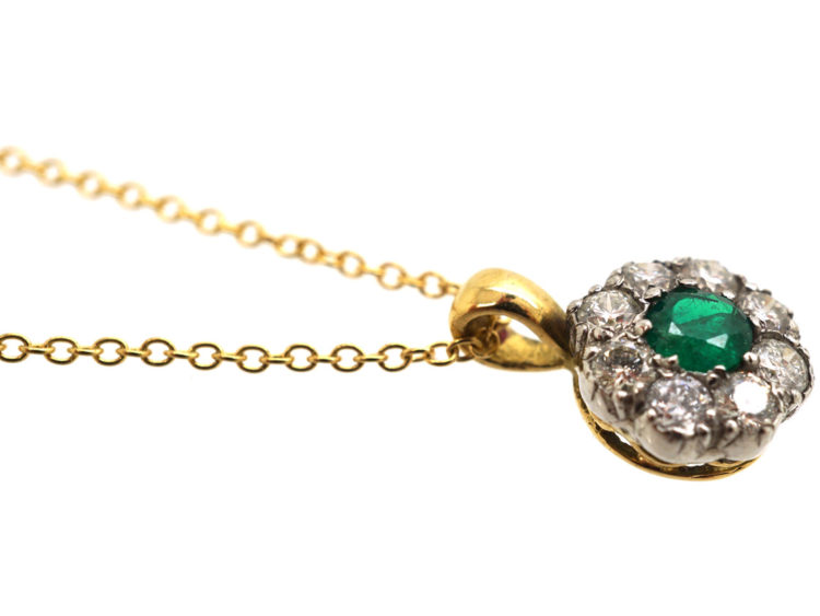18ct Gold, Emerald & Diamond Cluster Pendant on 18ct Gold Chain