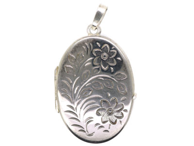 Oval Silver Engraved Flowers Locket