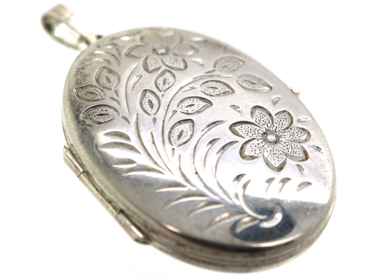 Oval Silver Engraved Flowers Locket