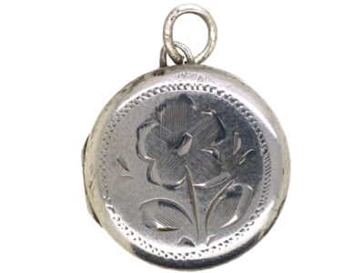 Round Silver Locket Engraved with a Flower