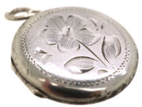 Round Silver Locket Engraved with a Flower