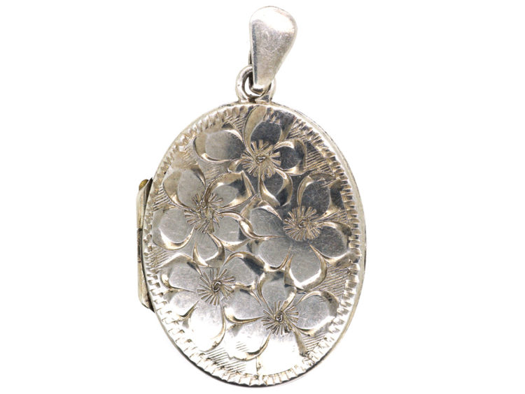 Silver Oval Locket Engraved with Flowers