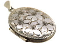 Silver Oval Locket Engraved with Flowers