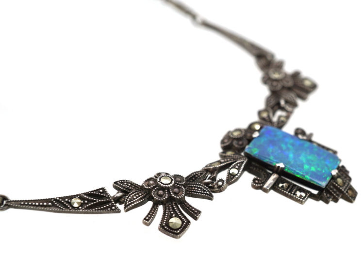 Art Deco Silver, Marcasite & Opal Doublet Necklace