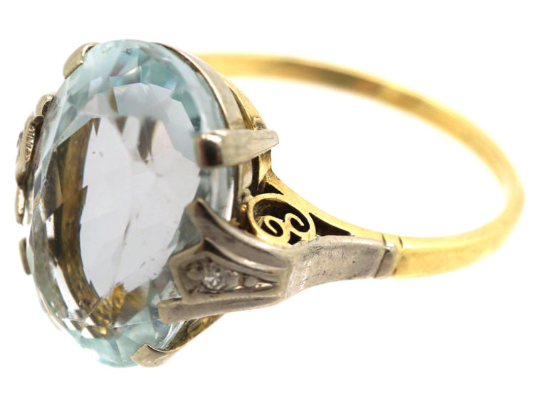 Art Deco 14ct Gold, Diamond & Aquamarine Ring