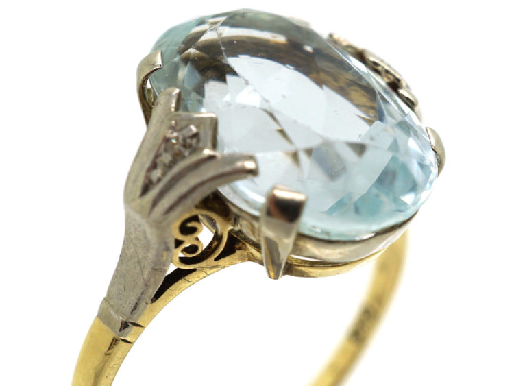 Art Deco 14ct Gold, Diamond & Aquamarine Ring
