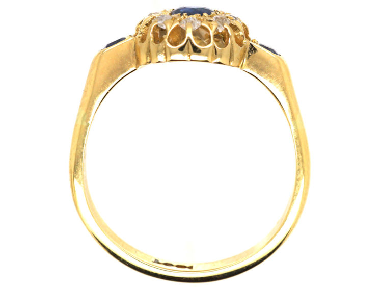 Edwardian 18ct Gold, Sapphire & Diamond Cluster Ring with Sapphire Set Shoulders