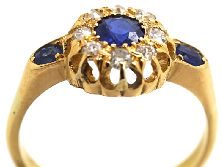 Edwardian 18ct Gold, Sapphire & Diamond Cluster Ring with Sapphire Set Shoulders