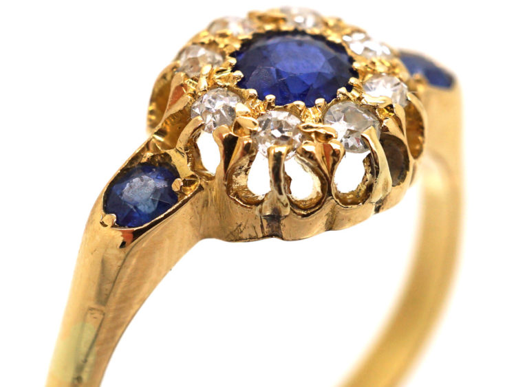 Edwardian 18ct Gold, Sapphire & Diamond Cluster Ring with Sapphire Set Shoulders