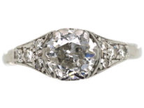 Art Deco 18ct white Gold, Platinum & Diamond Solitaire Ring with Diamond Set Shoulders