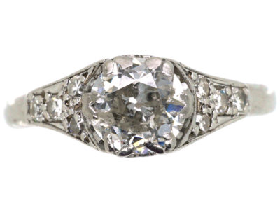 Art Deco 18ct white Gold, Platinum & Diamond Solitaire Ring with Diamond Set Shoulders