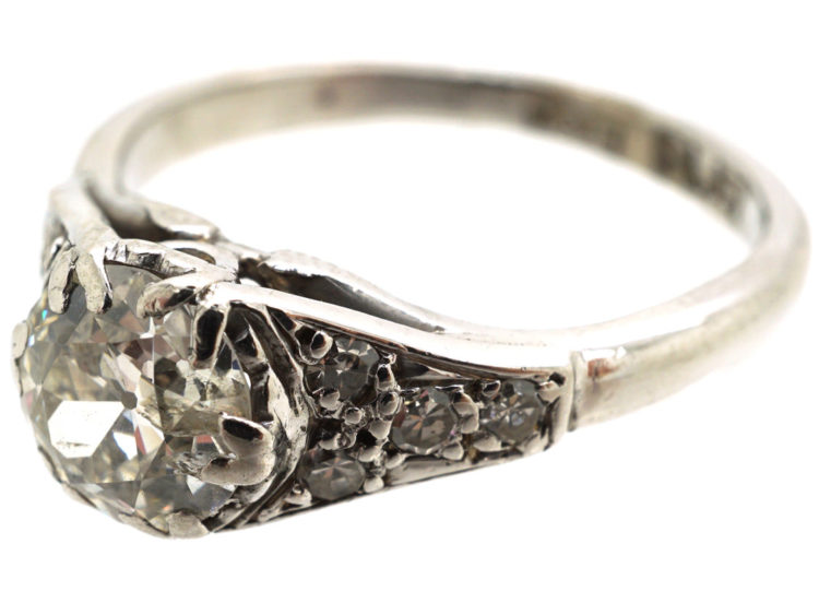 Art Deco 18ct white Gold, Platinum & Diamond Solitaire Ring with Diamond Set Shoulders