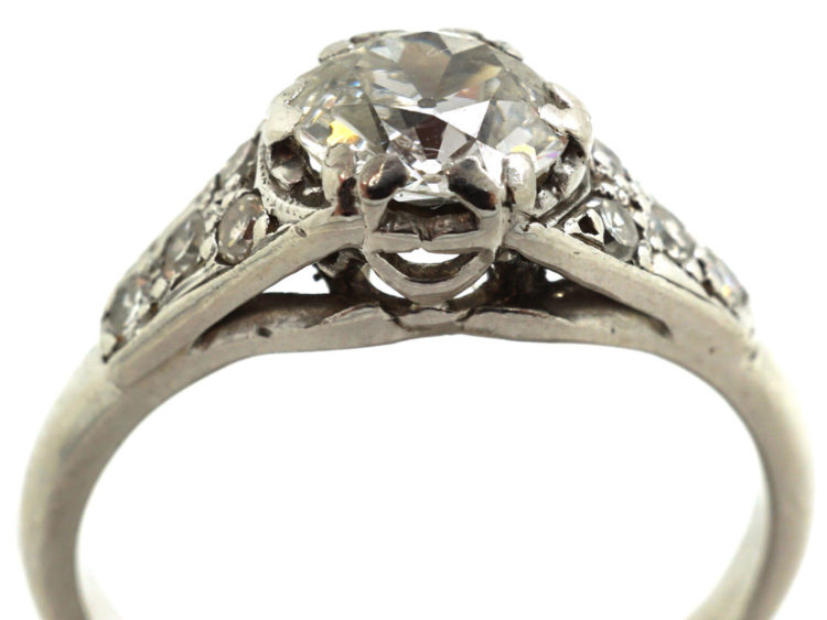 Art Deco 18ct white Gold, Platinum & Diamond Solitaire Ring with Diamond Set Shoulders