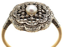 Edwardian 18ct Gold, Platinum, Rose Diamond & Natural Pearl Cluster Ring