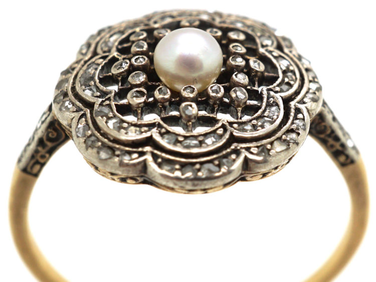 Edwardian 18ct Gold, Platinum, Rose Diamond & Natural Pearl Cluster Ring