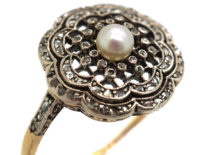 Edwardian 18ct Gold, Platinum, Rose Diamond & Natural Pearl Cluster Ring