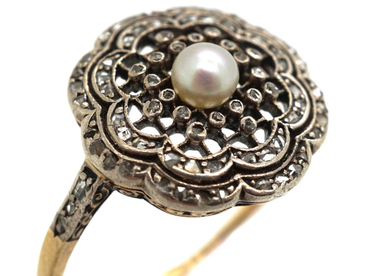 Edwardian 18ct Gold, Platinum, Rose Diamond & Natural Pearl Cluster Ring