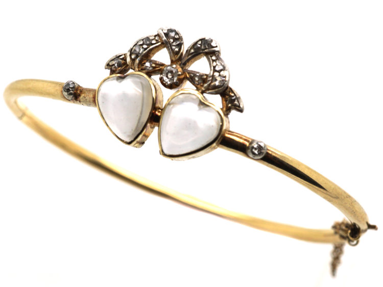 Edwardian 15ct Gold, Moonstone & Diamond Double Heart Bangle