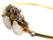 Edwardian 15ct Gold, Moonstone & Diamond Double Heart Bangle