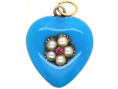 Victorian Gold, Blue Enamel & Natural Split Pearl & Ruby “Forget me Not Heart” Pendant
