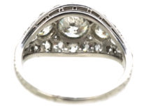 French Art Deco Platinum Three Stone Diamond Ring with Diamond Detail